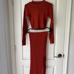 2 Piece Long Sleeve Crop & Pleated Knit Skirt
